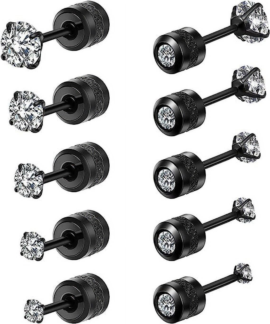 Cterwk 5 Pairs Titanium Screw Back Stud Earrings Set Round Cubic Zirconia Earrings for Women Men, Black